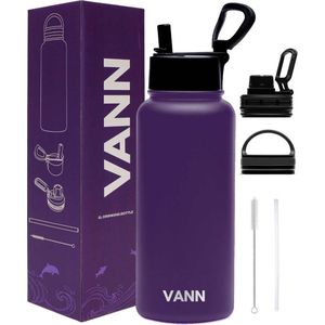 VANN® 3-Wandige Waterfles 1 liter met rietje voor volwassenen – Met 5 accessoires + 25 recepten – Bidon RVS – 24 uur koud/12 uur warm – Paars