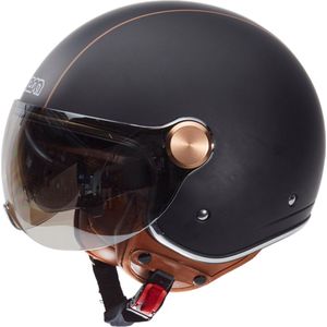 BEON B120 Scooterhelm - S - Jethelm met Zonnevizier - Motorhelm - Geschikt voor Vespa, Scooter, Brommer, Motor en Snorfiets - Mat Zwart met Bruin Leer