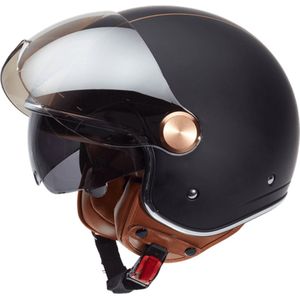 BEON B120 Scooterhelm - XL - Jethelm met Zonnevizier - Motorhelm - Geschikt voor Vespa, Scooter, Brommer, Motor en Snorfiets - Mat Zwart met Bruin Leer