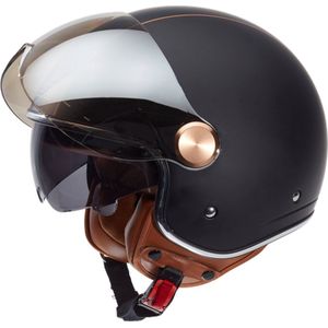 BEON B120 Scooterhelm - XXL - Jethelm met Zonnevizier - Motorhelm - Geschikt voor Vespa, Scooter, Brommer, Motor en Snorfiets - Mat Zwart met Bruin Leer