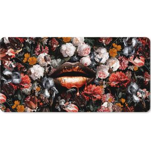 Muismat XXL - Bureau onderlegger - Bureau mat - Lippen - Bloemen - Verf - Oranje - Kunst - Abstract - Oude meesters - 100x50 cm - XXL muismat