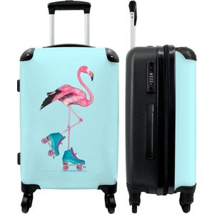 NoBoringSuitcases.com® Suitcase Reiskoffer Trolley Luggage Koffers Flamingo - Dieren - Rolschaatsen - Blauw - Roze - 67x43x25cm