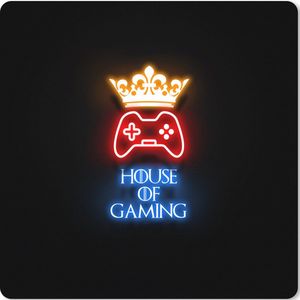 Muismat XXL - Bureau onderlegger - Bureau mat - Gaming quotes - Neon - House of gaming - Kroon - Tekst - 60x60 cm - XXL muismat - Geschikt voor Gaming Muis en Gaming PC set-up