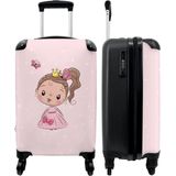 NoBoringSuitcases.com® Handbagage Koffer Trolley Kinderkoffer Travel Prinses - Roze - Stippen - Vlinder - 55x35x25cm