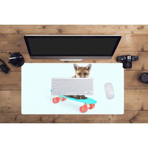 Muismat XXL - Bureau onderlegger - Bureau mat - Vos - Dieren - Skateboard - Blauw - 80x40 cm - XXL muismat