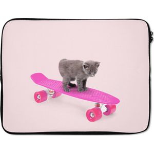 Laptop sleeve - Laptophoes - Kat - Skateboard - Roze - Dieren - Laptop cover - 15 6 Inch - Laptophoezen