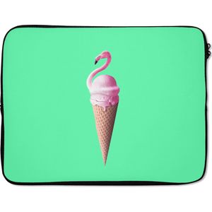 Laptophoes 17 inch - IJshoorntjes - IJs - Flamingo - Roze - Groen - Laptop sleeve - Binnenmaat 42,5x30 cm - Zwarte achterkant