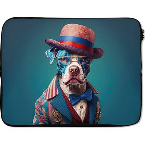 Laptophoes 15.6 inch - Hond - Hoed - Colbert - Bloemen - Blauw - Laptop sleeve - Binnenmaat 39,5x29,5 cm - Zwarte achterkant