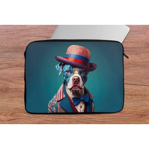 Laptophoes 13 inch - Hond - Hoed - Colbert - Bloemen - Blauw - Laptop sleeve - Binnenmaat 32x22,5 cm - Zwarte achterkant