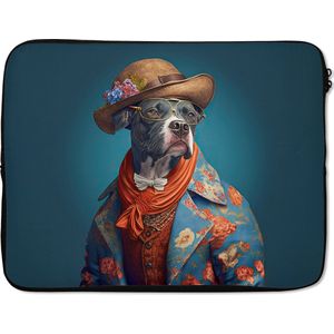 Laptophoes 17 inch - Hond - Colbert - Bloemen - Hoed - Blauw - Laptop sleeve - Binnenmaat 42,5x30 cm - Zwarte achterkant