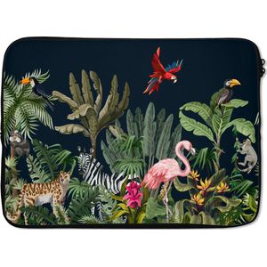 Laptophoes 13 inch - Jungle - Planten - Dieren - Kinderen - Flamingo - Zebra - Laptop sleeve - Binnenmaat 32x22,5 cm - Zwarte achterkant