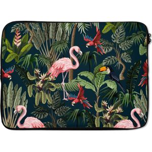 Laptophoes 14 inch - Jungledieren - Patroon - Kinderen - Flamingo - Papegaai - Kids - Laptop sleeve - Binnenmaat 34x23,5 cm - Zwarte achterkant