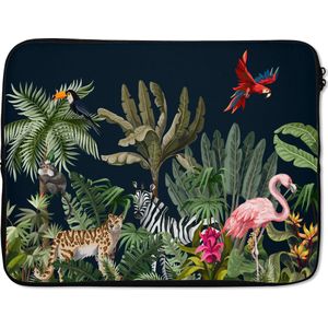 Laptophoes 15.6 inch - Jungle - Planten - Dieren - Kinderen - Flamingo - Zebra - Laptop sleeve - Binnenmaat 39,5x29,5 cm - Zwarte achterkant