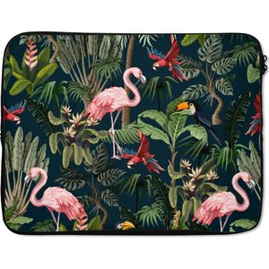 Laptophoes 17 inch - Jungledieren - Patroon - Kinderen - Flamingo - Papegaai - Kids - Laptop sleeve - Binnenmaat 42,5x30 cm - Zwarte achterkant