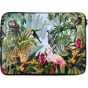 Laptophoes 13 inch - Jungle - Natuur - Jongens - Meisjes - Kinderen - Zebra - Flamingo - Laptop sleeve - Binnenmaat 32x22,5 cm - Zwarte achterkant
