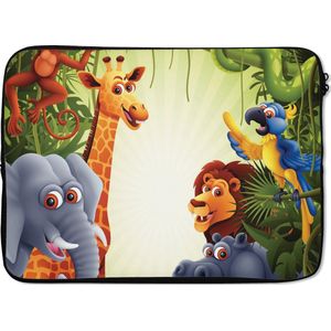 Laptophoes 13 inch - Jungle - Jongens - Meiden - Baby - Olifant - Leeuw - Giraf - Laptop sleeve - Binnenmaat 32x22,5 cm - Zwarte achterkant
