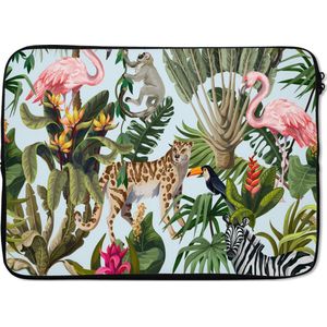 Laptophoes 13 inch - Jungle - Dieren - Meisjes - Kinderen - Jongens - Flamingo - Papegaai - Laptop sleeve - Binnenmaat 32x22,5 cm - Zwarte achterkant