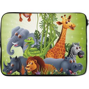 Laptophoes 13 inch - Jungle dieren - Planten - Kinderen - Olifant - Giraf - Leeuw - Laptop sleeve - Binnenmaat 32x22,5 cm - Zwarte achterkant