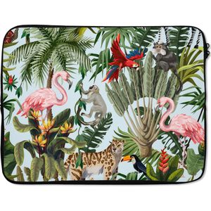 Laptophoes 15.6 inch - Jungle - Dieren - Meisjes - Kinderen - Jongens - Flamingo - Papegaai - Laptop sleeve - Binnenmaat 39,5x29,5 cm - Zwarte achterkant