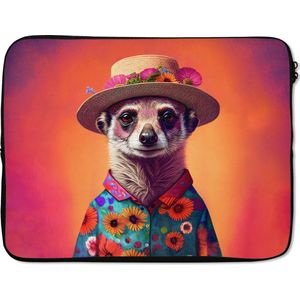 Laptophoes 17 inch - Meerkat - Bloemen - Hoed - Dieren - Portret - Stokstaartje - Laptop sleeve - Binnenmaat 42,5x30 cm - Zwarte achterkant