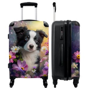 NoBoringSuitcases.com® Kinderkoffer - Trolley - Reiskoffer groot - Hond - Bloemen - Natuur - Puppy - Bordercollie - 67x43x25cm