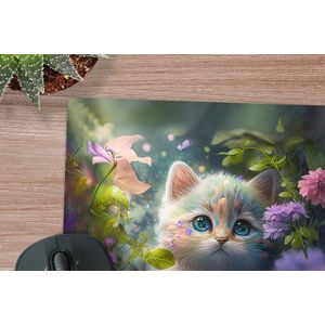 Muismat XXL - Bureau onderlegger - Bureau mat - Kitten - Bloemen - Bos - Illustratie - Poes - 50x50 cm - XXL muismat