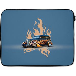 Laptophoes 17 inch - Auto - Vintage - Blauw - Vlammen - Laptop sleeve - Binnenmaat 42,5x30 cm - Zwarte achterkant