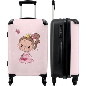 NoBoringSuitcases.com® Koffers Trolley Kinderkoffer Travel Suitcase Large Prinses - Roze - Stippen - Vlinder - 67x43x25cm