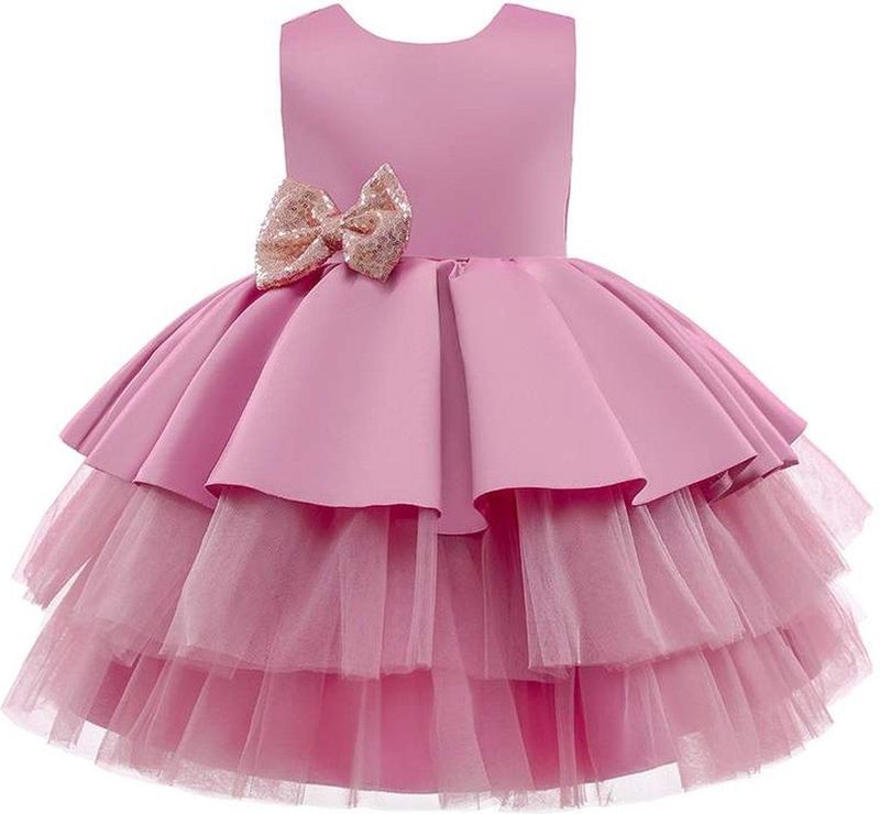 Prinsessenjurk meisje - Het Betere Merk - feestjurk meisje -maat 122/128 (130) - roze - bruidsmeisjes jurken - communie jurk - bruidsmeisjes jurken voor kinderen -cadeau meisje - lange gouden prinsessenhandschoenen