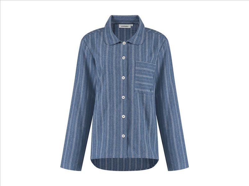 Yumeko - Pyjamashirt - Denim Blauw/Wit Stripe - Flanel