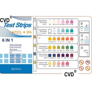 CVD® High Quality Teststrips zwembad 6 in 1 - Zwembad / Jacuzzi Test strips - 50 STUKS 6-in-1 -- Zwemwater kwaliteit -- Zwembadonderhoud -- PH Strips Test: 1. Totale Chloor 2. Vrije Chloor 3. Hardheid 4. Alkaliteit 5. PH waarde 6. Cyanuurzuur