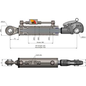 Hydraulische Topstang Cat 3 - Ø25,4 (645 - 925 mm) met Vanghaak, Terugslagklep en 2 Slangen