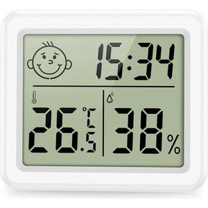 Fako Bijoux® - Hygrometer - Weerstation - Luchtvochtigheidsmeter - Thermometer Voor Binnen - Klok - 80x70x10mm - Incl. Batterij & Plakstrip - Wit