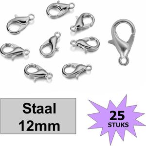 Fako Bijoux® - Karabijn Sluitingen - Karabijnsluitingen - Karabijnhaakjes - Staalkleurig - 12mm - 25 Stuks