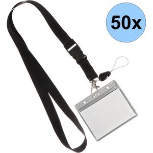 Fako Bijoux® - Keycord + Badgehouder Plastic XL - Sleutelkoord - Badgehouder - 51cm - 20mm - Zwart - 50 Stuks