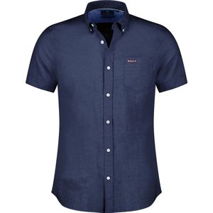 New Zealand casual overhemd korte mouw normale fit donkerblauw linnen