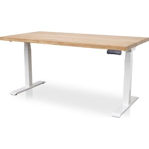 Zit-sta bureau met massief eiken blad 160 x 80 cm - MRC PRO NEN-EN 527 - elektrisch verstelbaar - frame wit - 130 cm hoog - 150KG draagvermogen