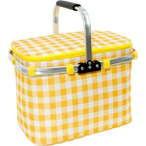 Picknick Draagtas Mand - 39x25x29 cm - Picknickmand Koeltas - Thermo Lunchtas - Aluminium Handgreep - Opvouwbaar - Geel en Wit Geruit