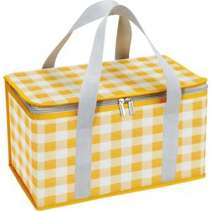 Picknick Draagtas Mand – 35x20x20 cm - Picknickmand Koeltas - Koeltassen - Thermo Lunchtas - Verbrede handgreepriem - Opvouwbaar - Geel en Wit Geruit