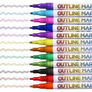 Dubbele lijncontour Pen - 12 kleuren - Lijndikte 2mm - Metallic Outline Markers Pennen – Pen dubbele lijn punt - Glitterstiften Kleurstiften Glitterpennen – Permanent Marker - Watervast