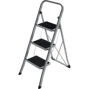 Vouwladder - 3-sporten ladder, vouwladder, sportbreedte 20 cm, antislip rubber, met handvat, draagvermogen 150 kg, staal, grijs en zwart