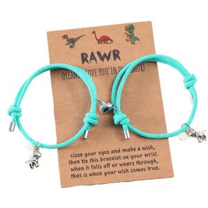 Vriendschapsarmbandjes voor 2 met Magnetisch Hartje, Dino & Glow in the Dark Hangers - Blauwe Bandjes - BFF Armband op Cadeau kaartje - Pax Amare