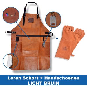 Leren Schort - Barbecue Schort met Handschoenen - Licht Bruin/Cognac - BBQ Accessoires - Lederen Handschoenen met Schort