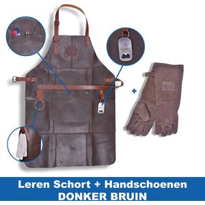 Leren Schort - 56 x 81 cm - Donker Bruin met Handschoenen - Barbecue Schort - BBQ Accessoires - Lederen Handschoenen met Schort