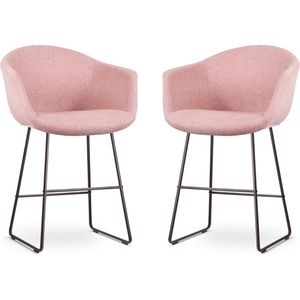 Nolon Nino-Otis Barkrukken Set van 2 Zacht Roze - met Armleuning - Zwart Onderstel - 65 cm - Stof - Kookeiland - Barkrukken met Rugleuning