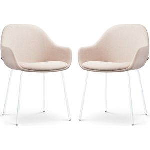 Nolon Nora-Mae Eetkamerstoelen Set van 2 Beige - met Armleuning - Stof - Wit Onderstel - Design - Scandinavisch - Comfortabel