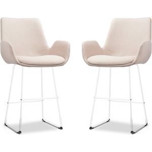 Nolon Nino-Eef Barkrukken Set van 2 Beige - met Armleuning - Wit Onderstel - 65 cm - Voor Kookeiland - Barkruk met Rugleuning - Lage Armleuning - Scandinavisch