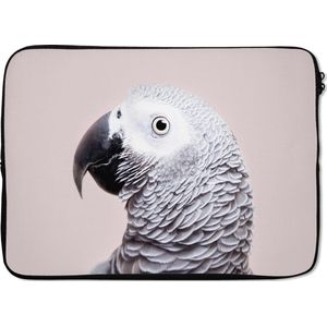 Laptophoes 14 inch - Papegaai - Grijs - Dieren - Natuur - Laptop sleeve - Binnenmaat 34x23,5 cm - Zwarte achterkant