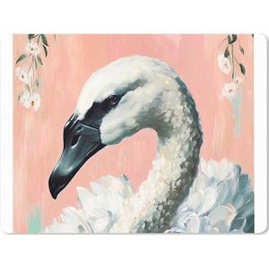 Muismat XXL - Bureau onderlegger - Bureau mat - Zwaan - Dieren - Bloemen - Pastel - Wit - 80x60 cm - XXL muismat
