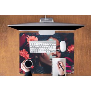 Muismat XXL - Bureau onderlegger - Bureau mat - Bloemen - Vrouw - Portret - Illustratie - 80x60 cm - XXL muismat